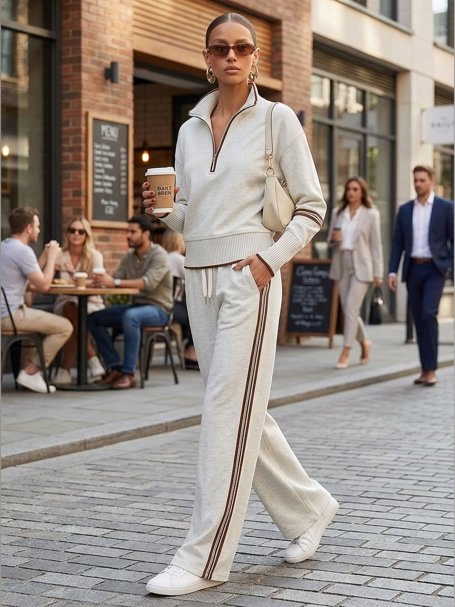 Eva | Retro Sporty Webbing Grey-white Half-zip Sweatshirt And Wide-leg Pants Set