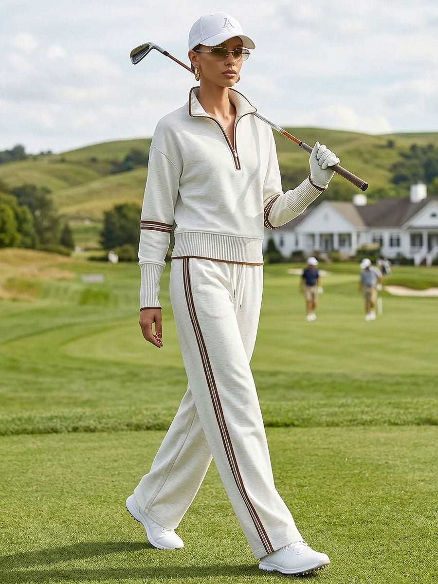 Eva | Retro Sporty Webbing Grey-white Half-zip Sweatshirt And Wide-leg Pants Set