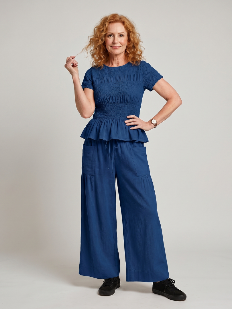 Eirenne | Smocked Top with Peplum Detail and Wide-Leg Pants Set