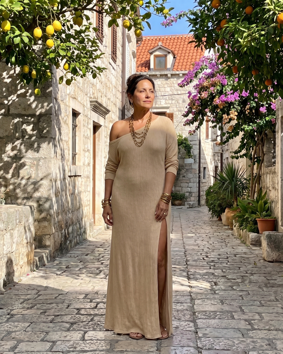 Asterelle | Flowing Midi Dress with One Shoulder and Side Slit