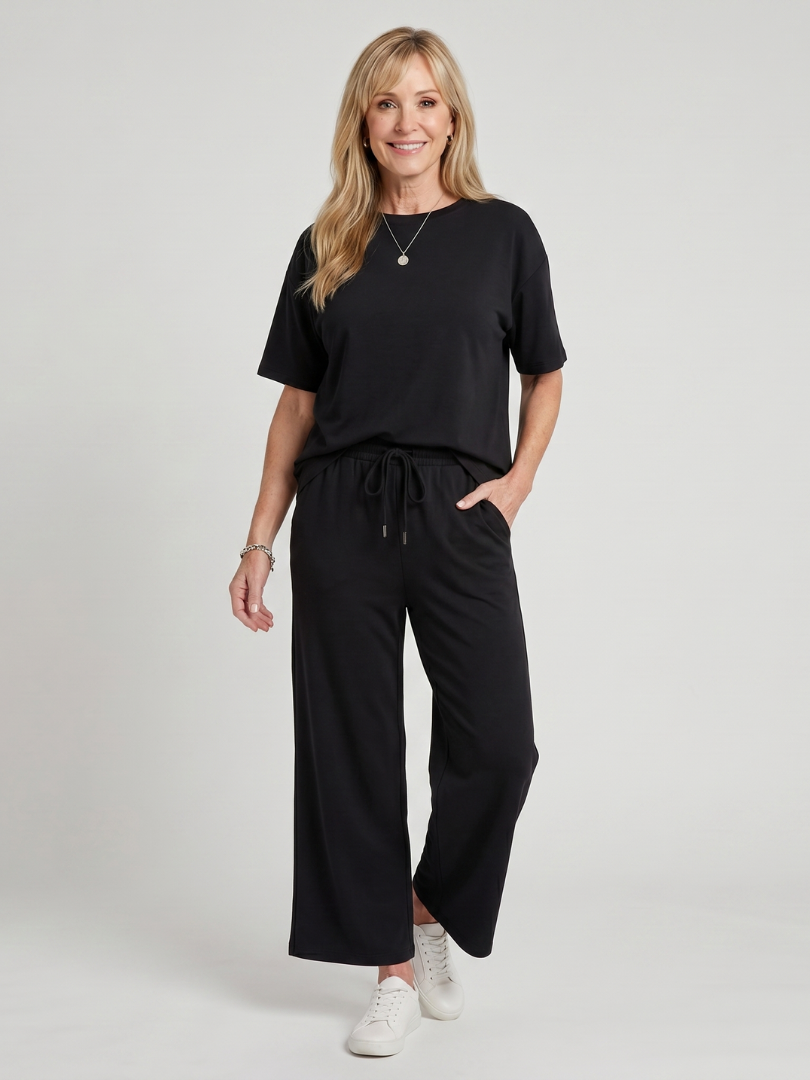 Wihel | Short Sleeve Drawstring Waist Straight Leg Pants Set