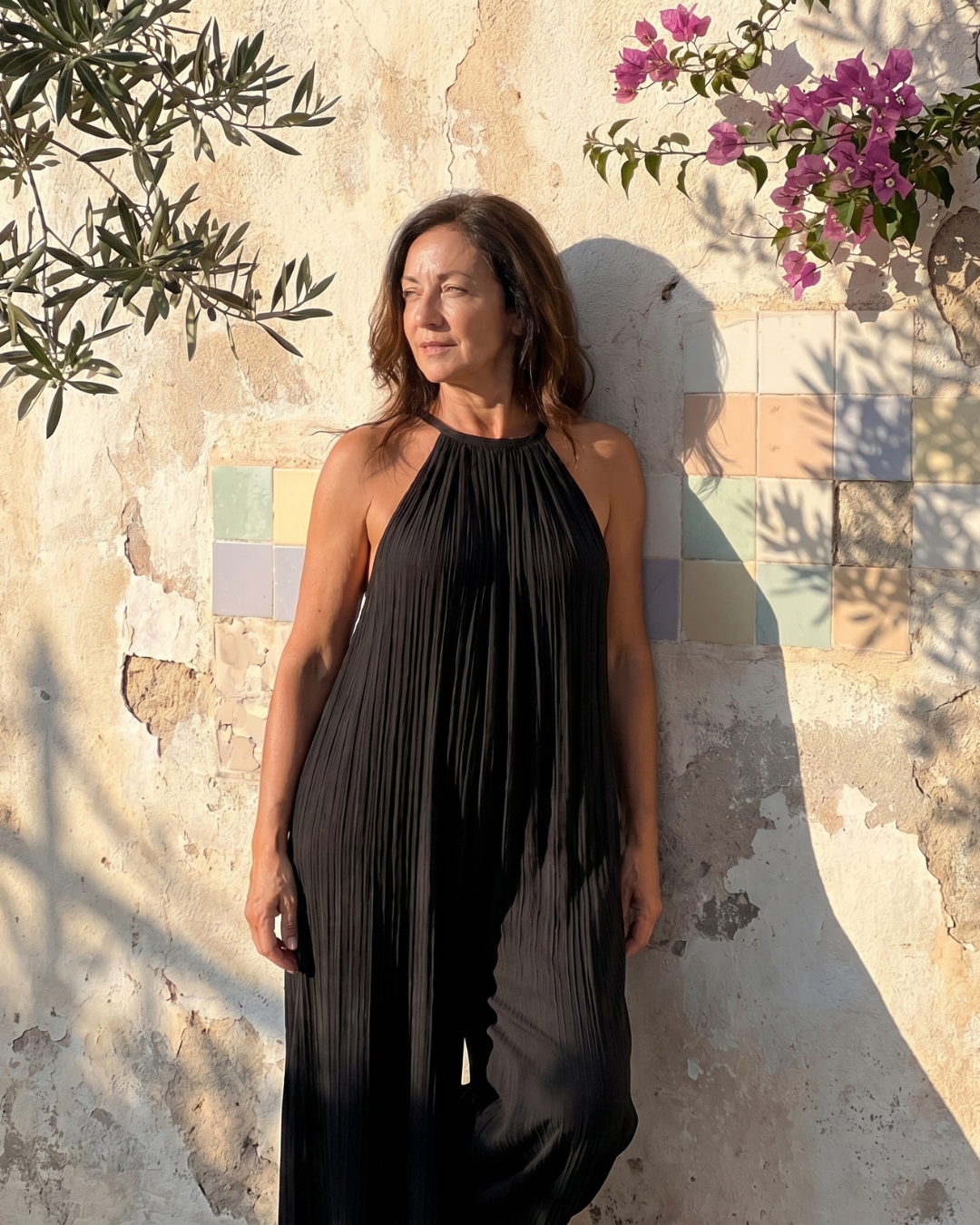 Sylvara | Relaxed Wide Leg Jumpsuit with Pleated Halter Neck