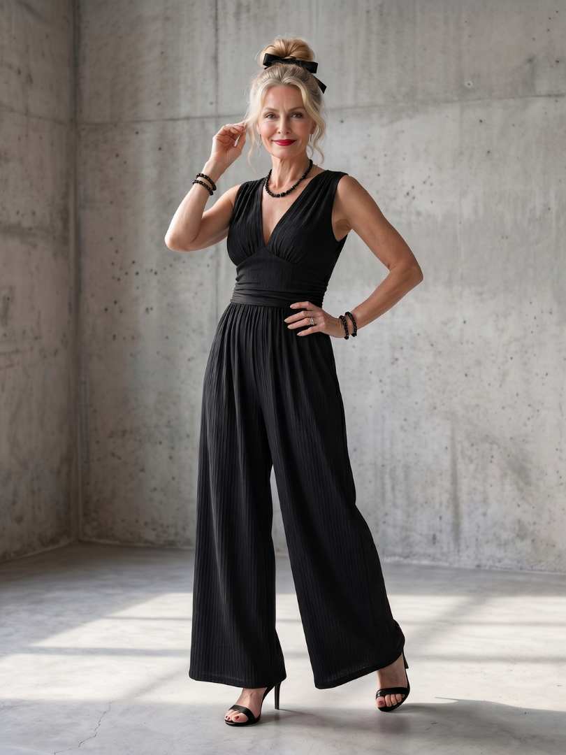 Vincenza | Wide Leg Jumpsuit with Deep V Waist Detail