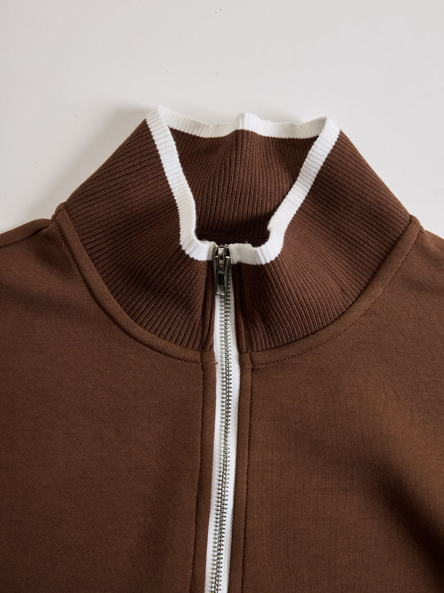 Eva | Retro Sporty Webbing Grey-white Half-zip Sweatshirt And Wide-leg Pants Set