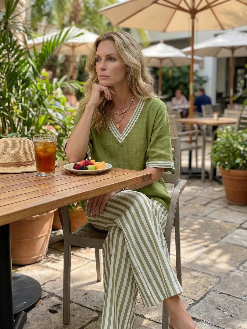 Wren | Striped V-Neck Tunic and Trouser Set with Contrast Details