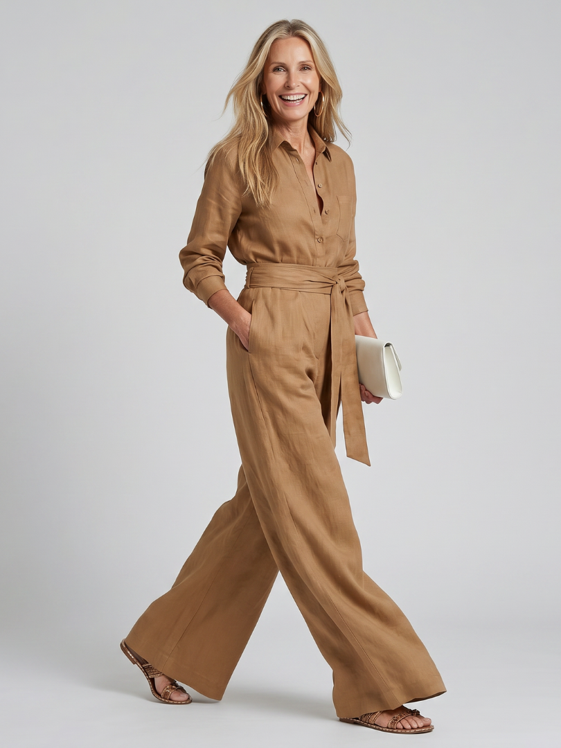 Jovie | Wide Leg Jumpsuit with Long Sleeve Button Front
