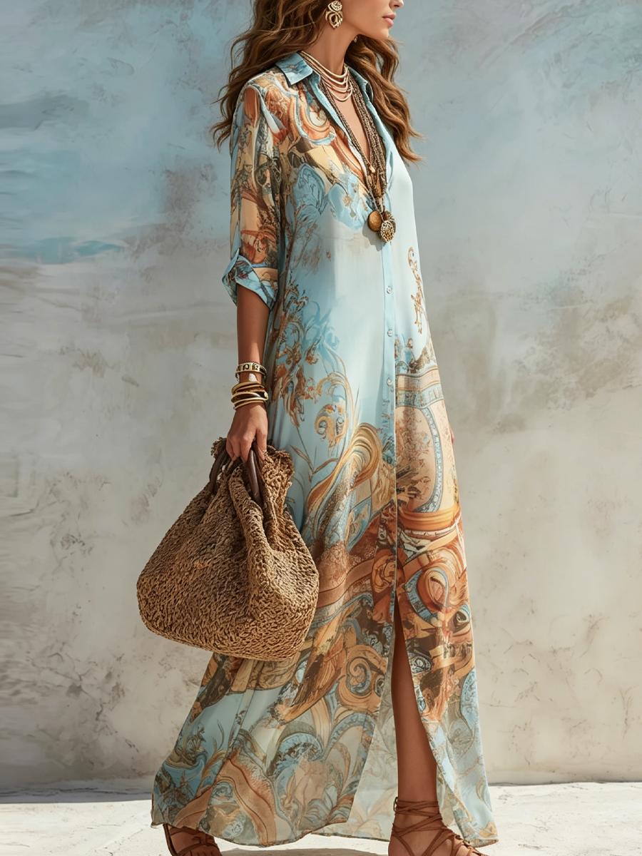 Clara | Baroque Style Floral Blue Maxi Dress