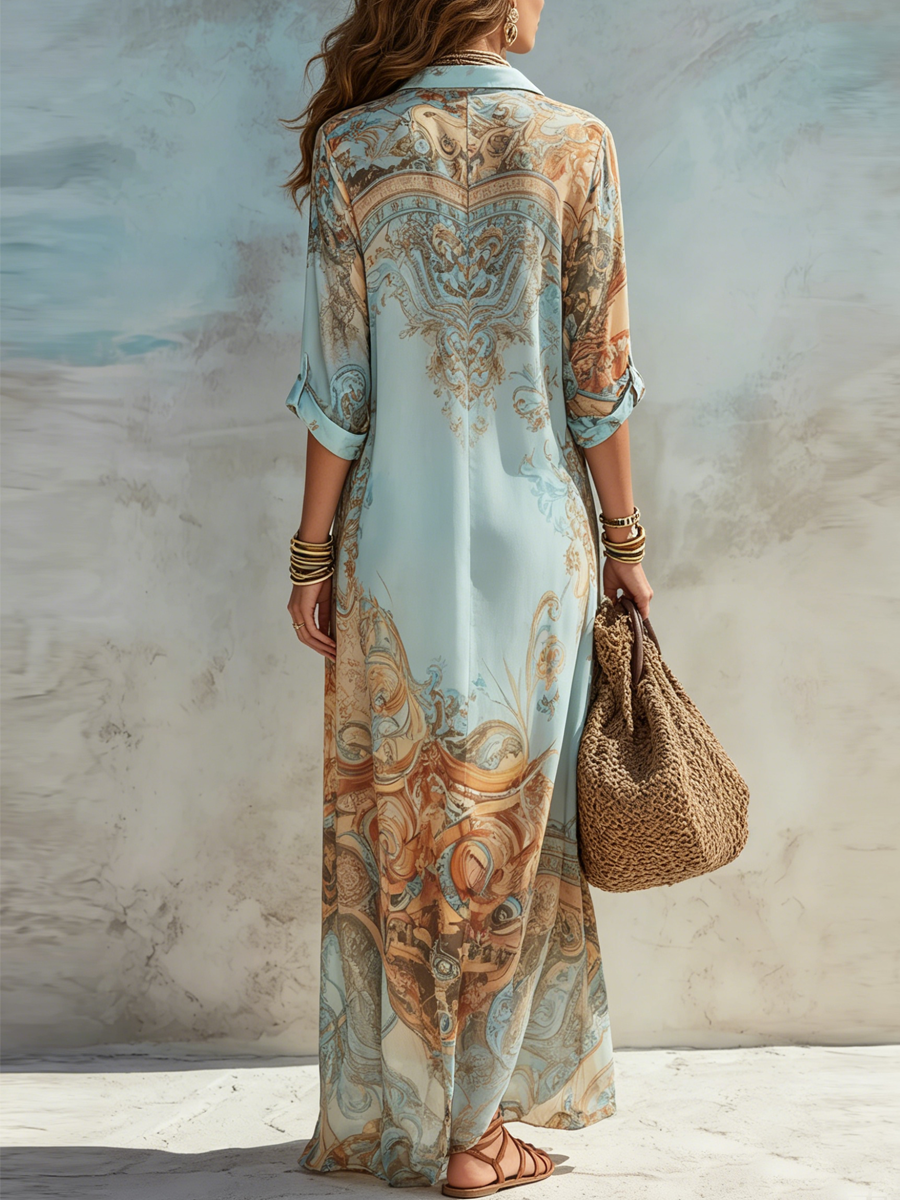 Clara | Baroque Style Floral Blue Maxi Dress
