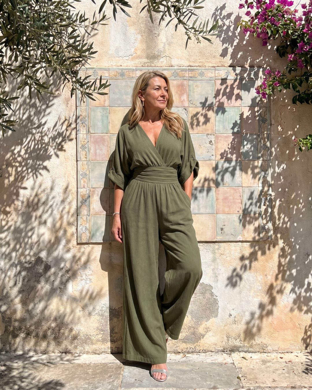 Emene | Relaxed Wide Leg Jumpsuit with Draped V-Neck