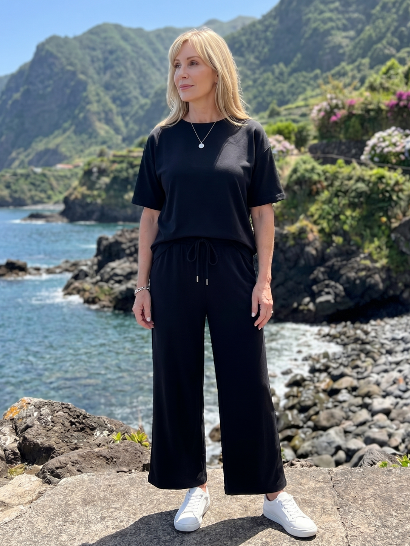 Wihel | Short Sleeve Drawstring Waist Straight Leg Pants Set