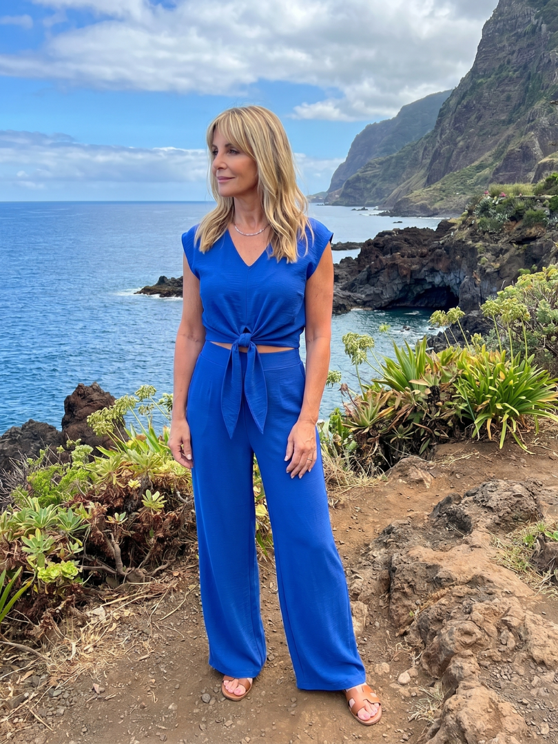Leonora | Elegant V-Neck Strap Top with Wide-Leg Pants Set