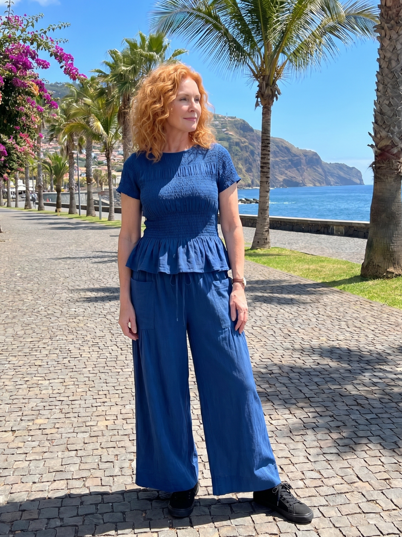 Eirenne | Smocked Top with Peplum Detail and Wide-Leg Pants Set