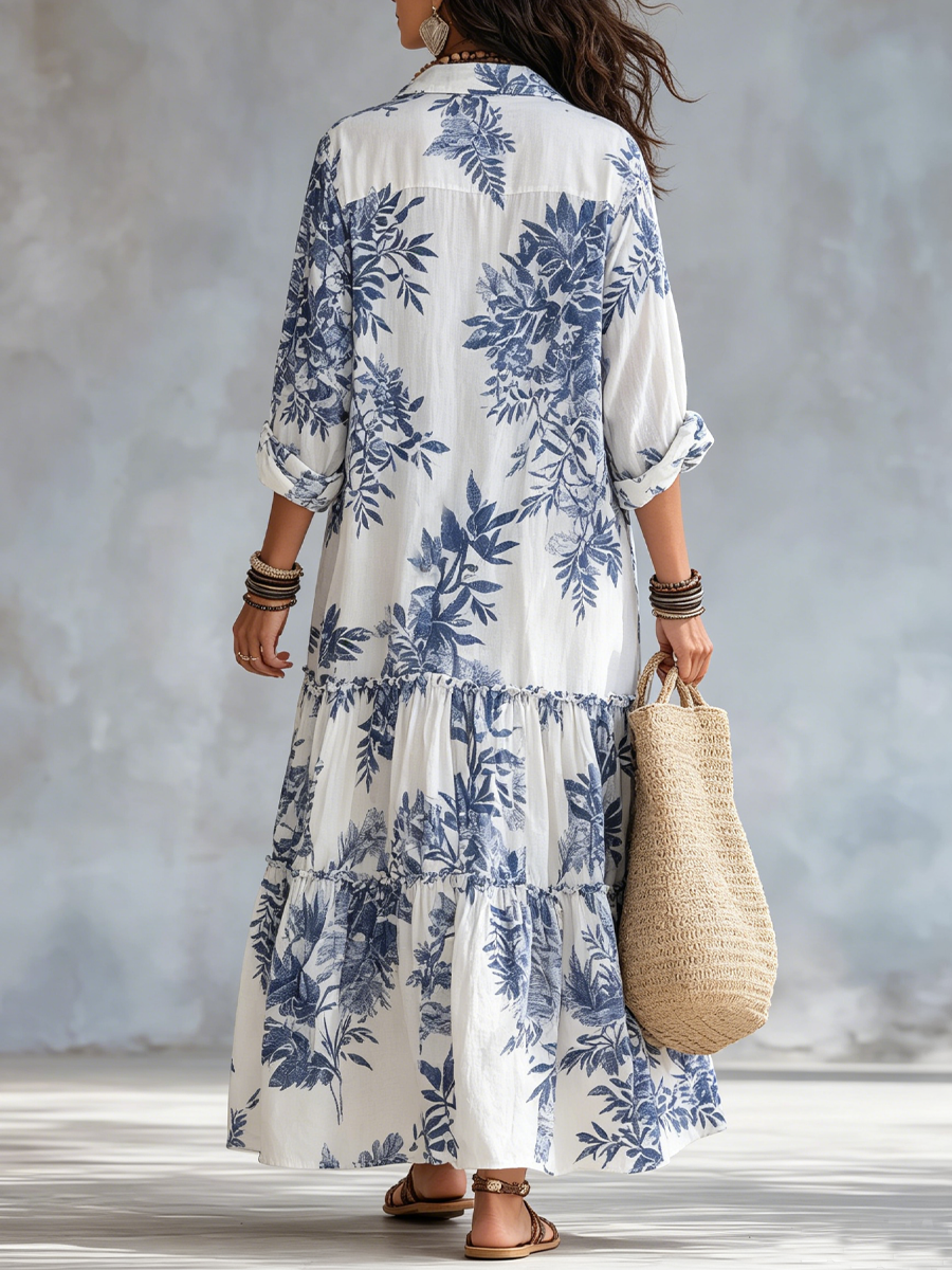 Mia | Bohemian Blue Floral Button-down Maxi Dress