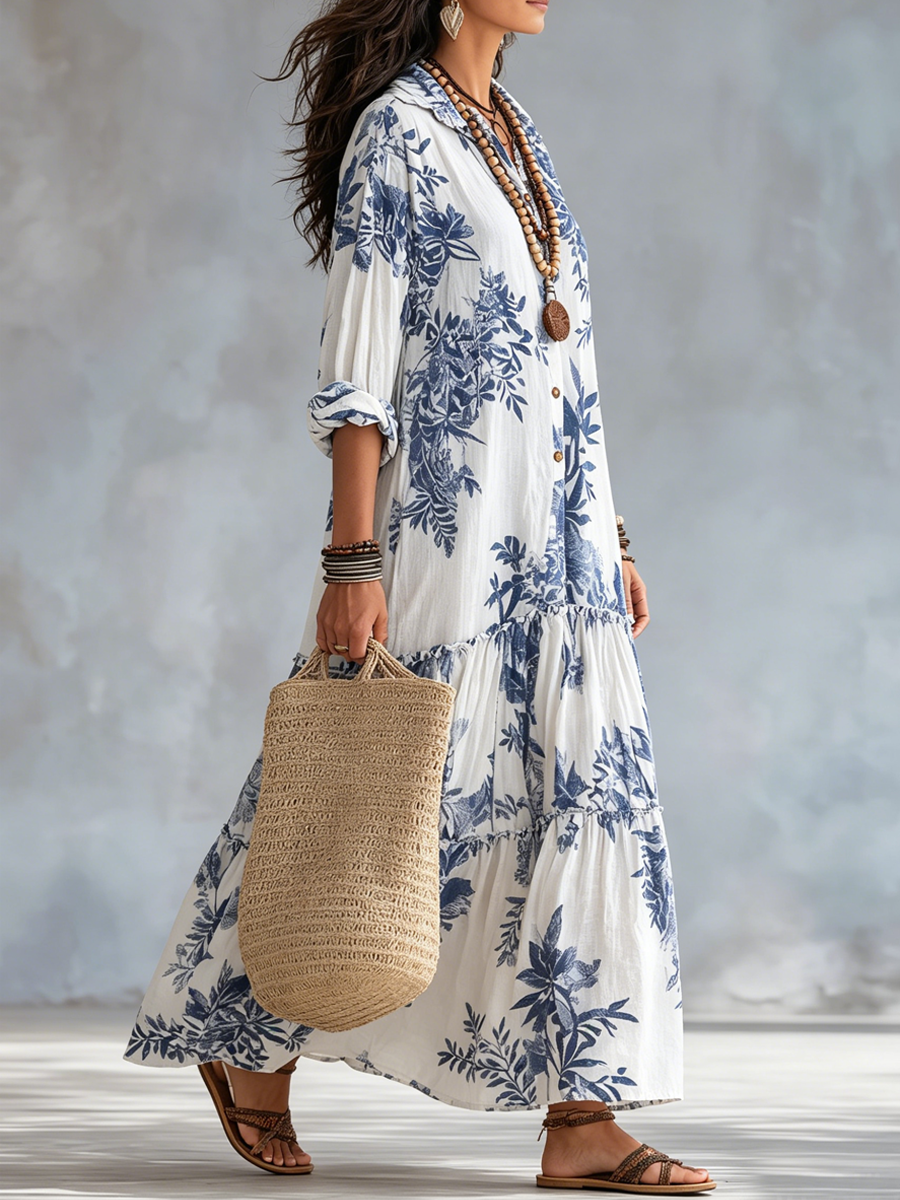 Mia | Bohemian Blue Floral Button-down Maxi Dress