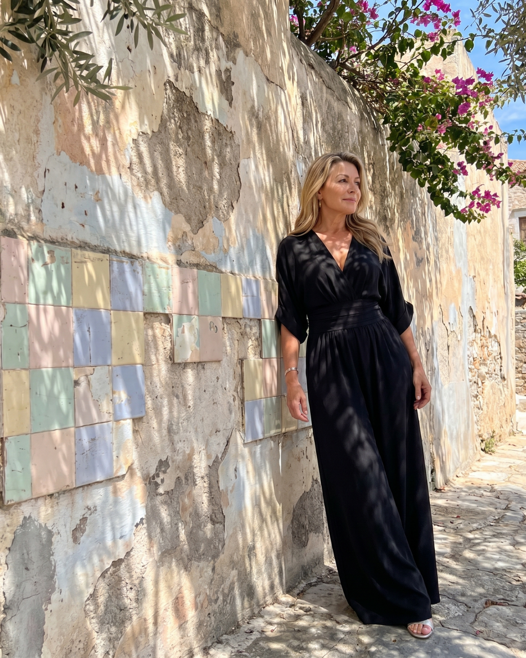 Emene | Relaxed Wide Leg Jumpsuit with Draped V-Neck
