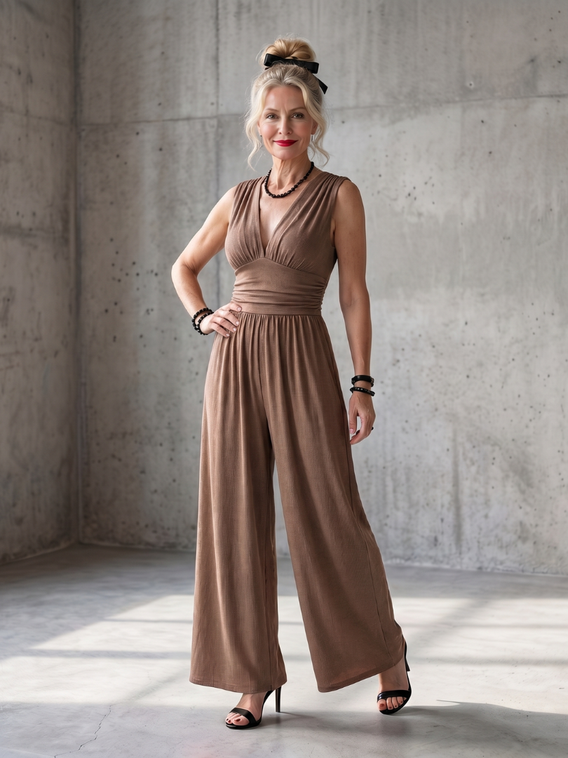 Vincenza | Wide Leg Jumpsuit with Deep V Waist Detail