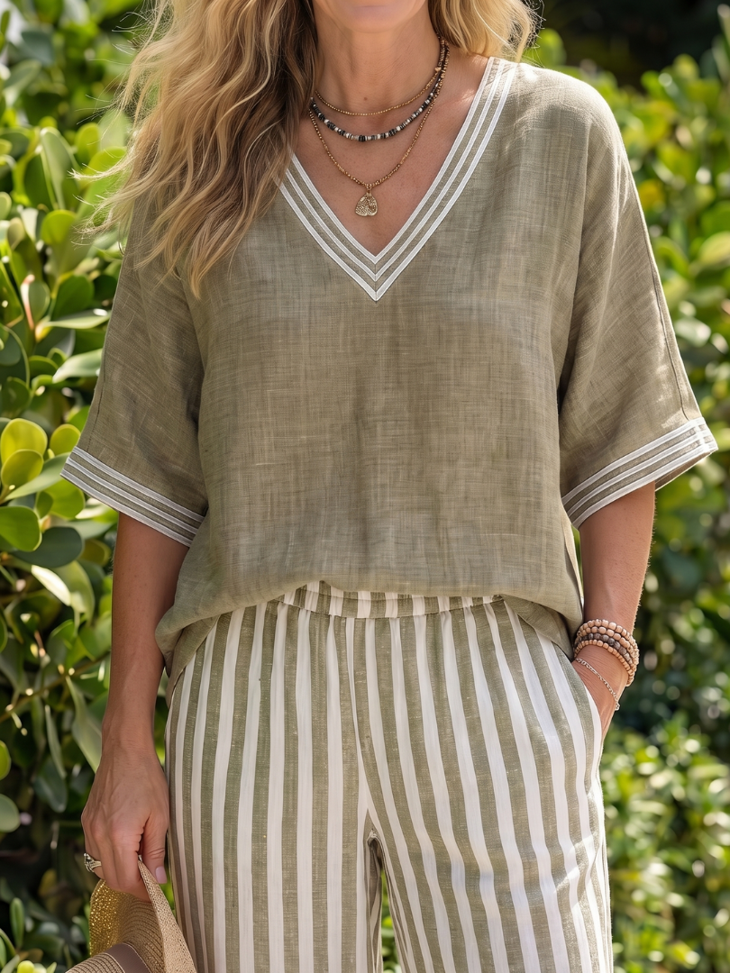 Wren | Striped V-Neck Tunic and Trouser Set with Contrast Details