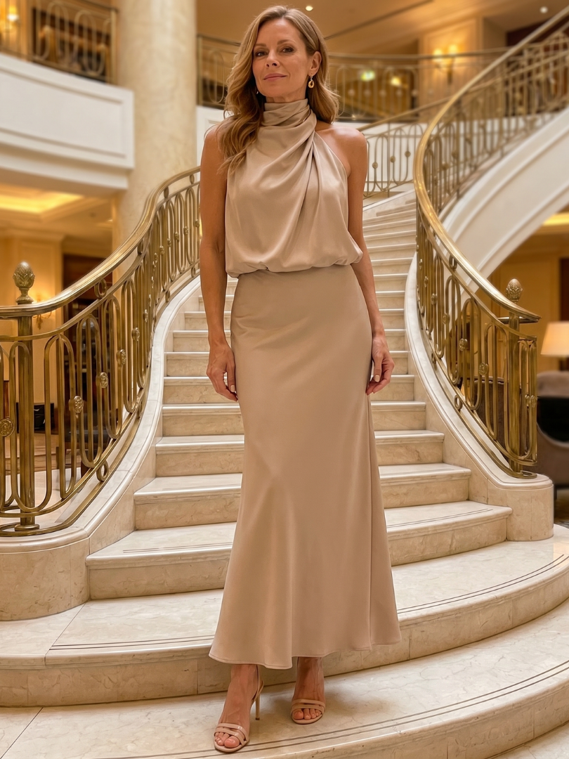 Nopal | Midi Dress with Sleeveless Draped Neck Design