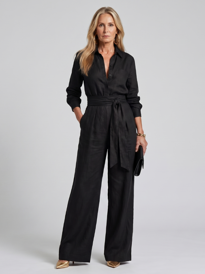 Jovie | Wide Leg Jumpsuit with Long Sleeve Button Front