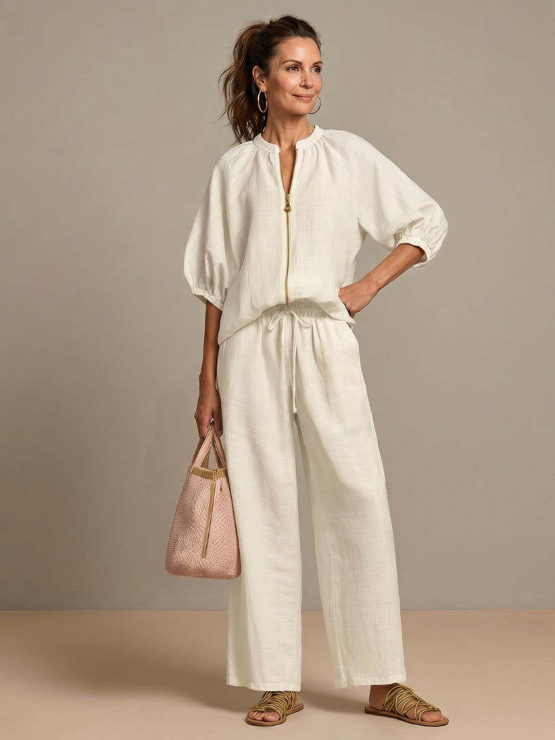 Natalia | Zip-Front Blouson Top & Wide-Leg Pants Set