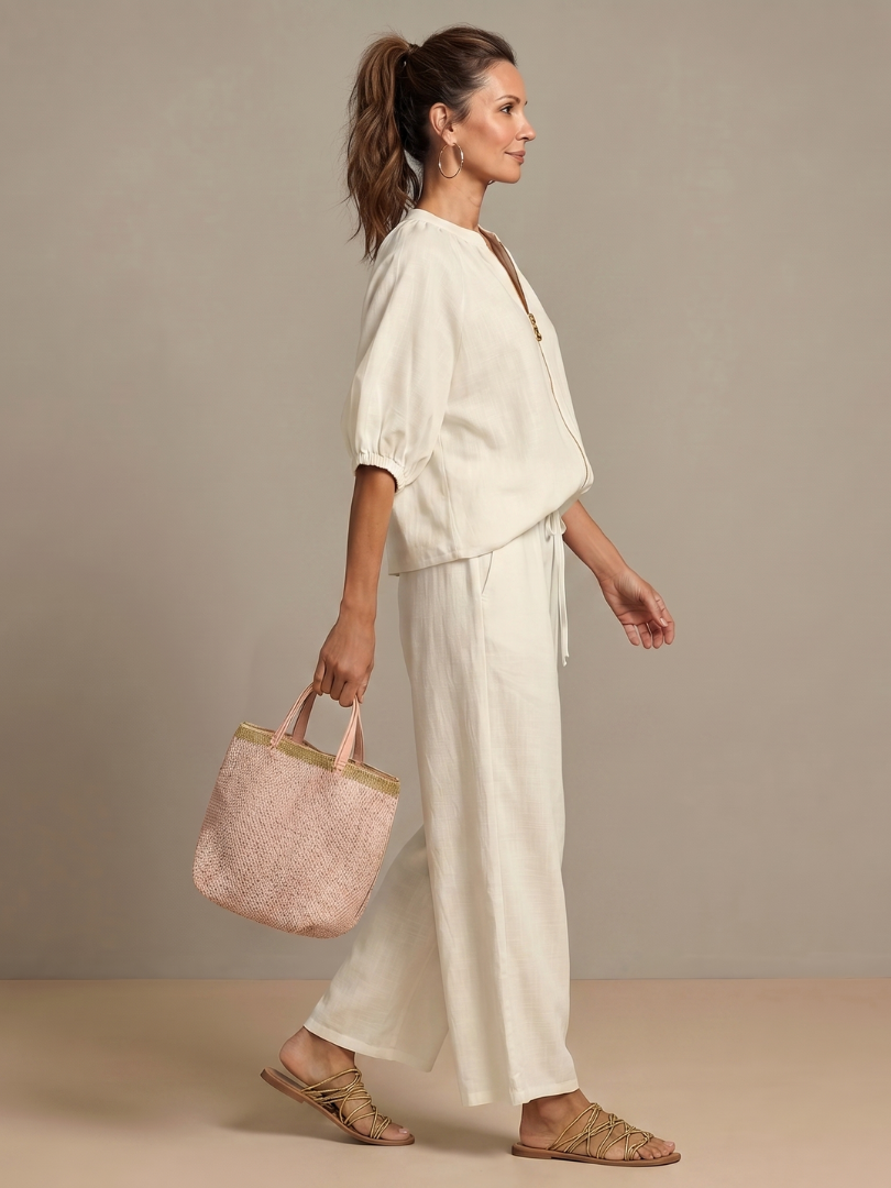 Natalia | Zip-Front Blouson Top & Wide-Leg Pants Set