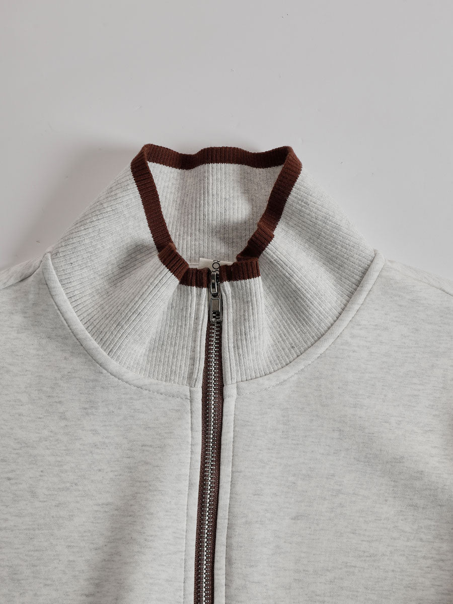 Eva | Retro Sporty Webbing Grey-white Half-zip Sweatshirt And Wide-leg Pants Set