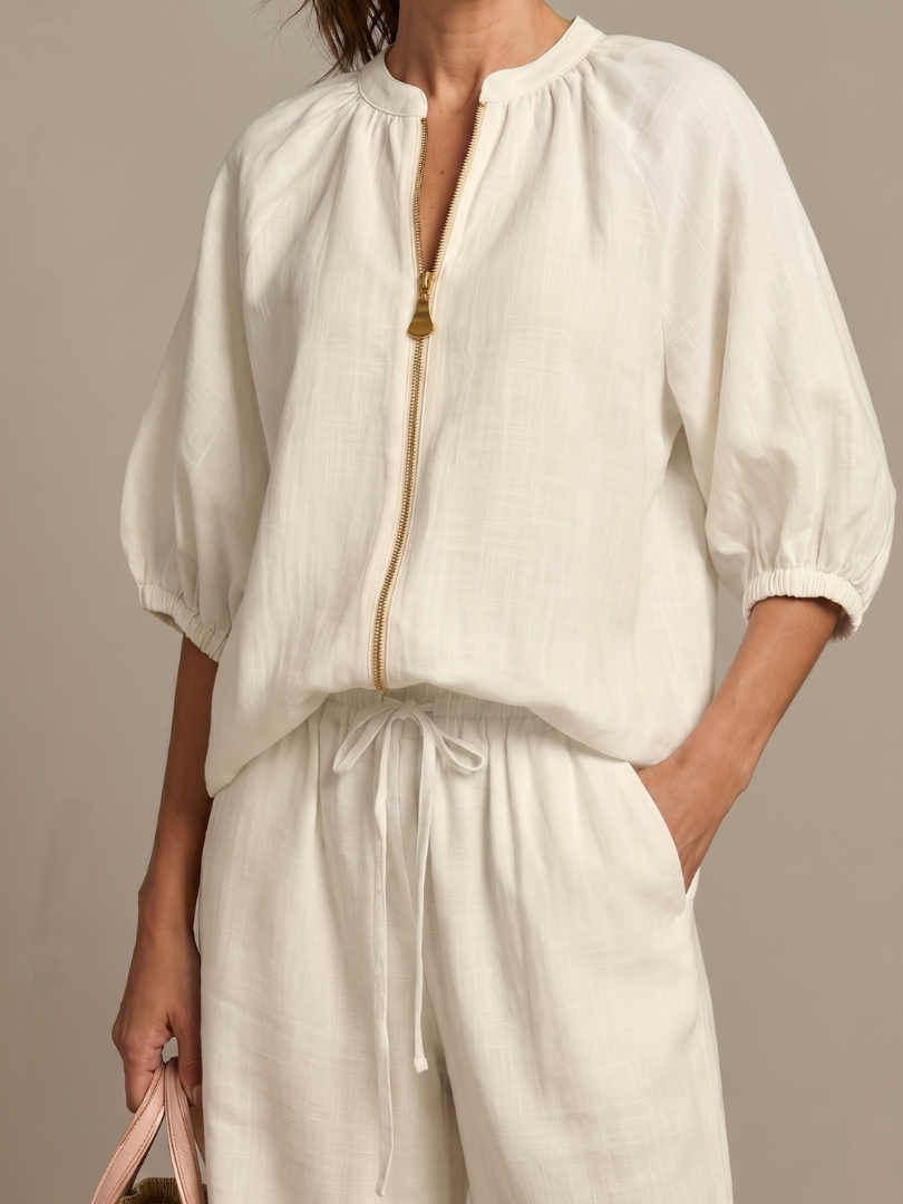 Natalia | Zip-Front Blouson Top & Wide-Leg Pants Set