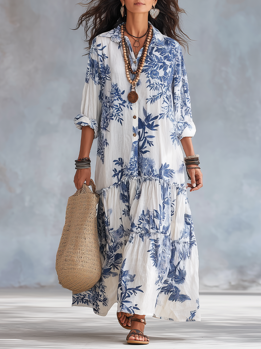 Mia | Bohemian Blue Floral Button-down Maxi Dress