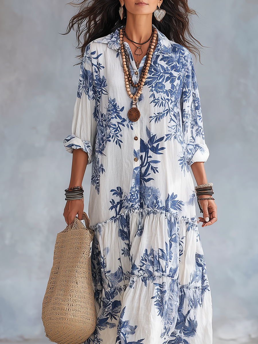 Mia | Bohemian Blue Floral Button-down Maxi Dress