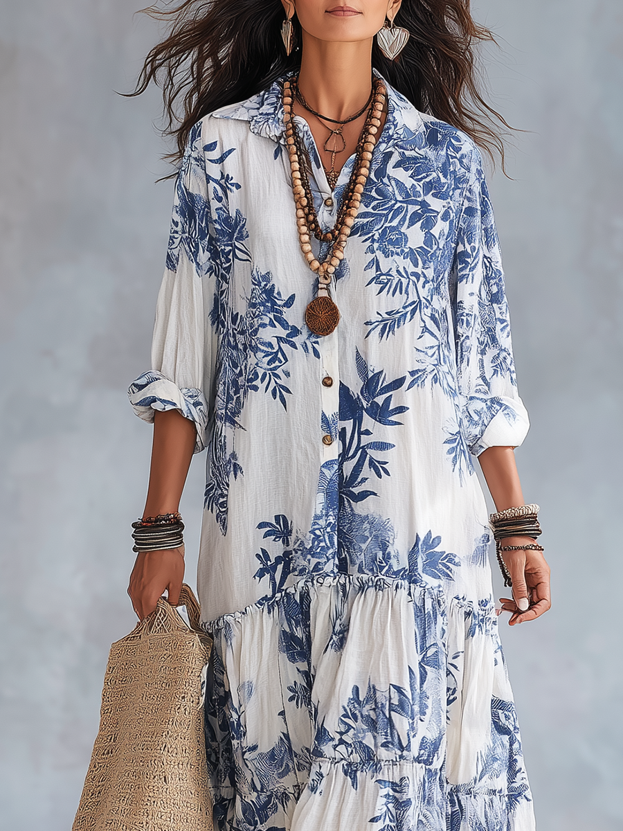 Mia | Bohemian Blue Floral Button-down Maxi Dress