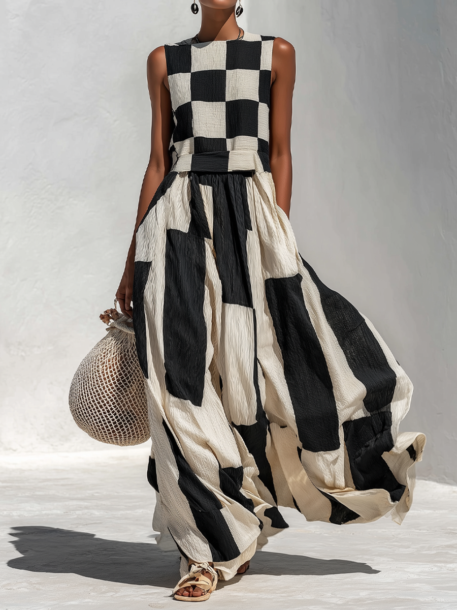 Ardenne | Plaid and Stripe Paneling Sleeveless Maxi Dress