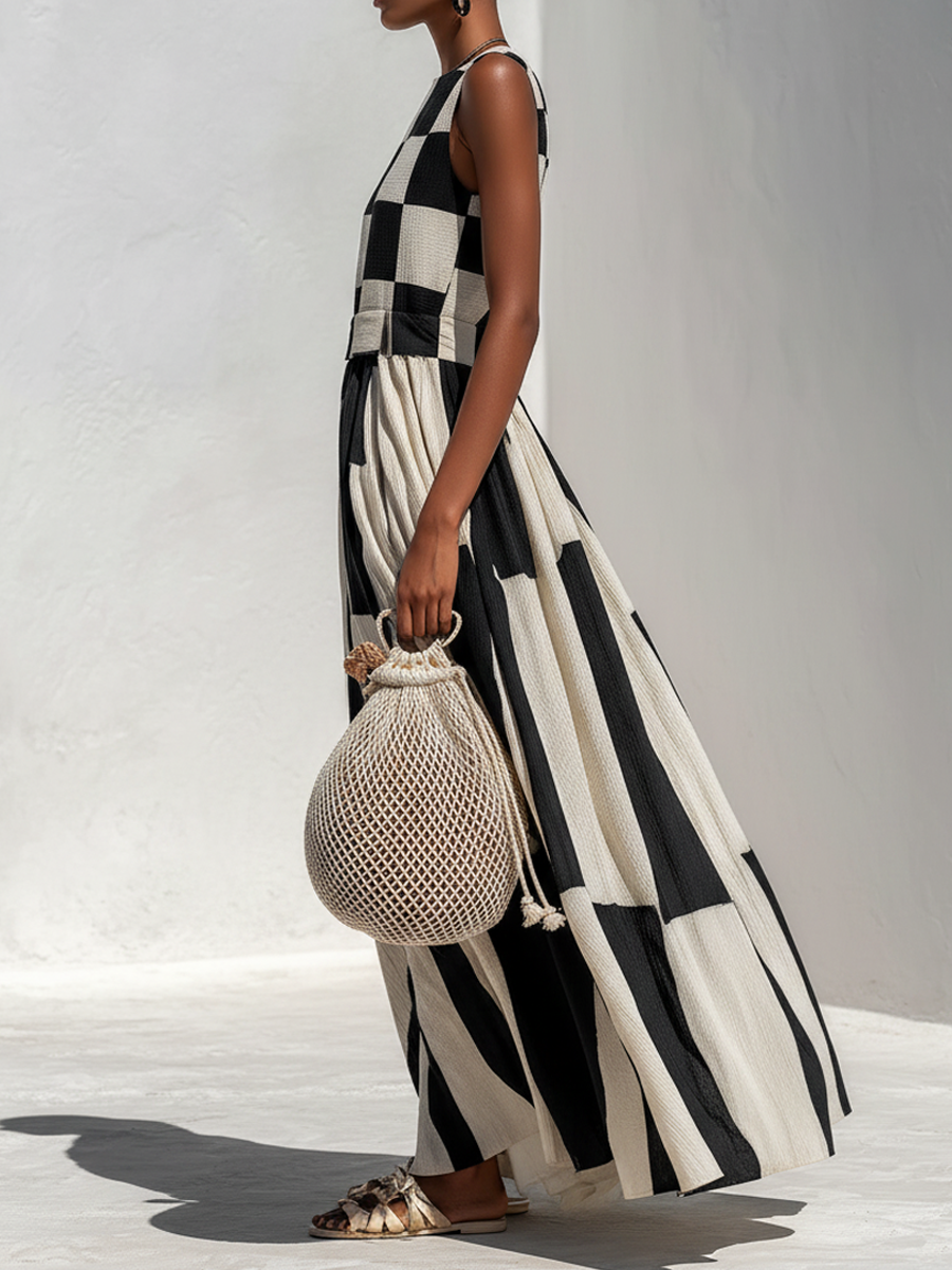 Ardenne | Plaid and Stripe Paneling Sleeveless Maxi Dress
