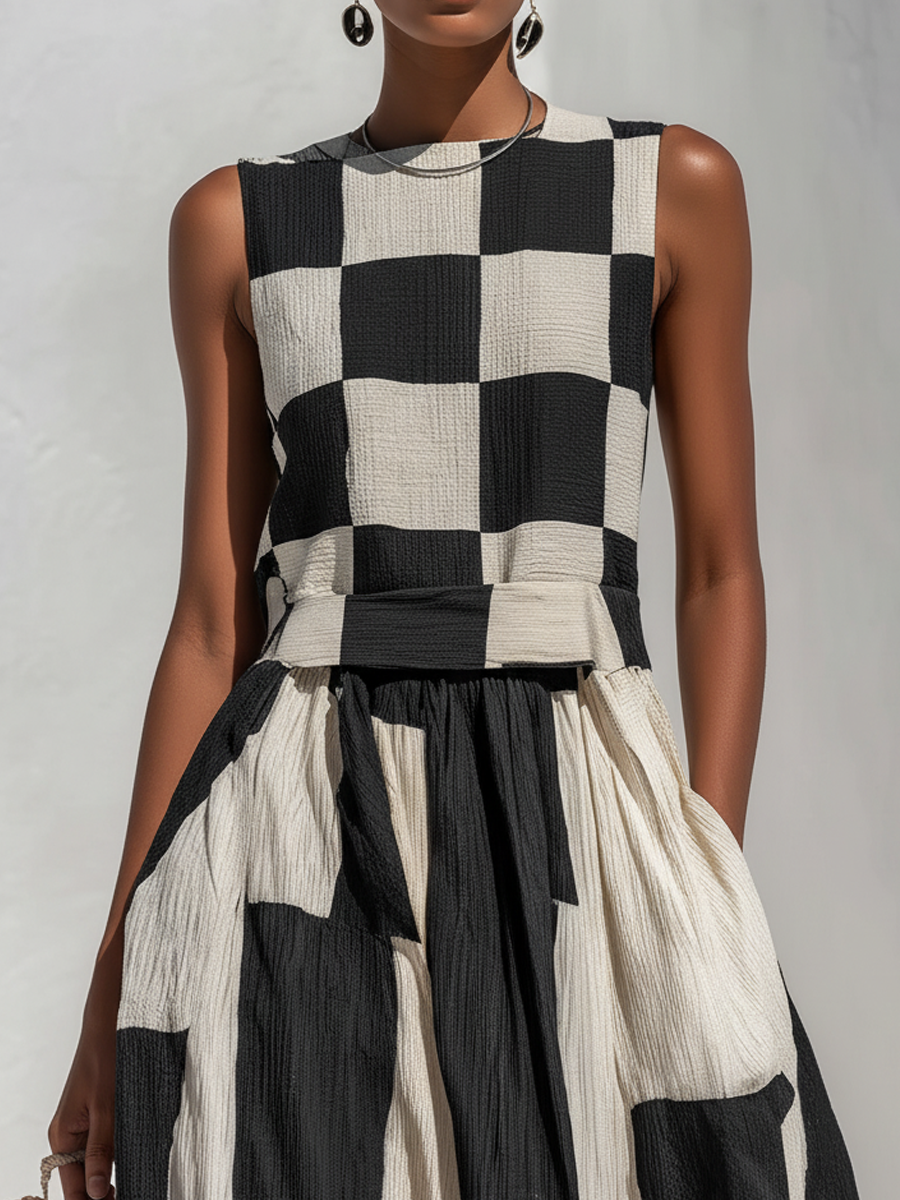 Ardenne | Plaid and Stripe Paneling Sleeveless Maxi Dress