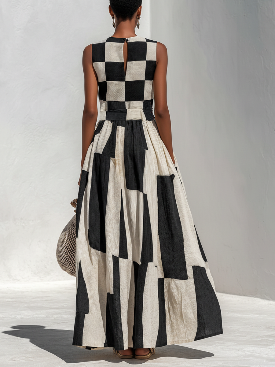Ardenne | Plaid and Stripe Paneling Sleeveless Maxi Dress