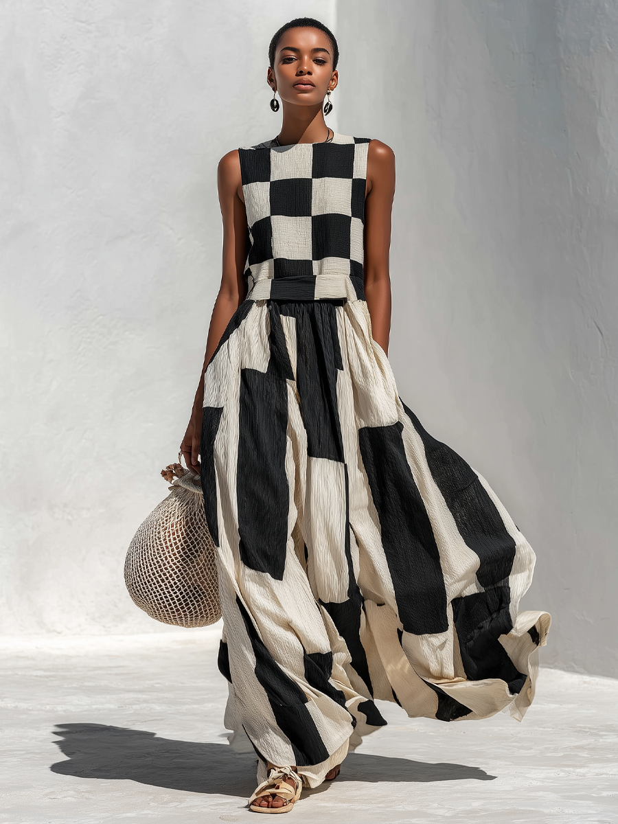 Ardenne | Plaid and Stripe Paneling Sleeveless Maxi Dress