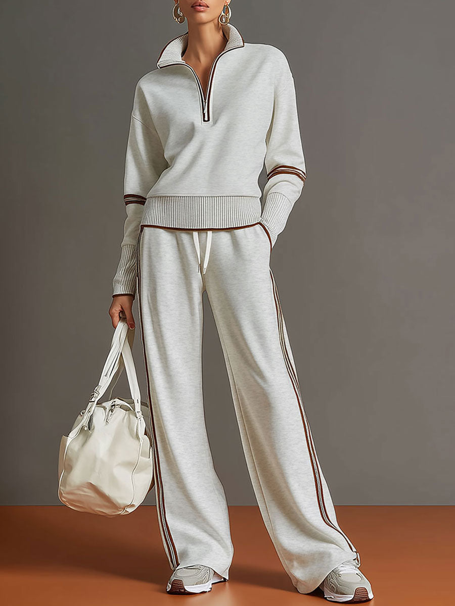 Eva | Retro Sporty Webbing Grey-white Half-zip Sweatshirt And Wide-leg Pants Set