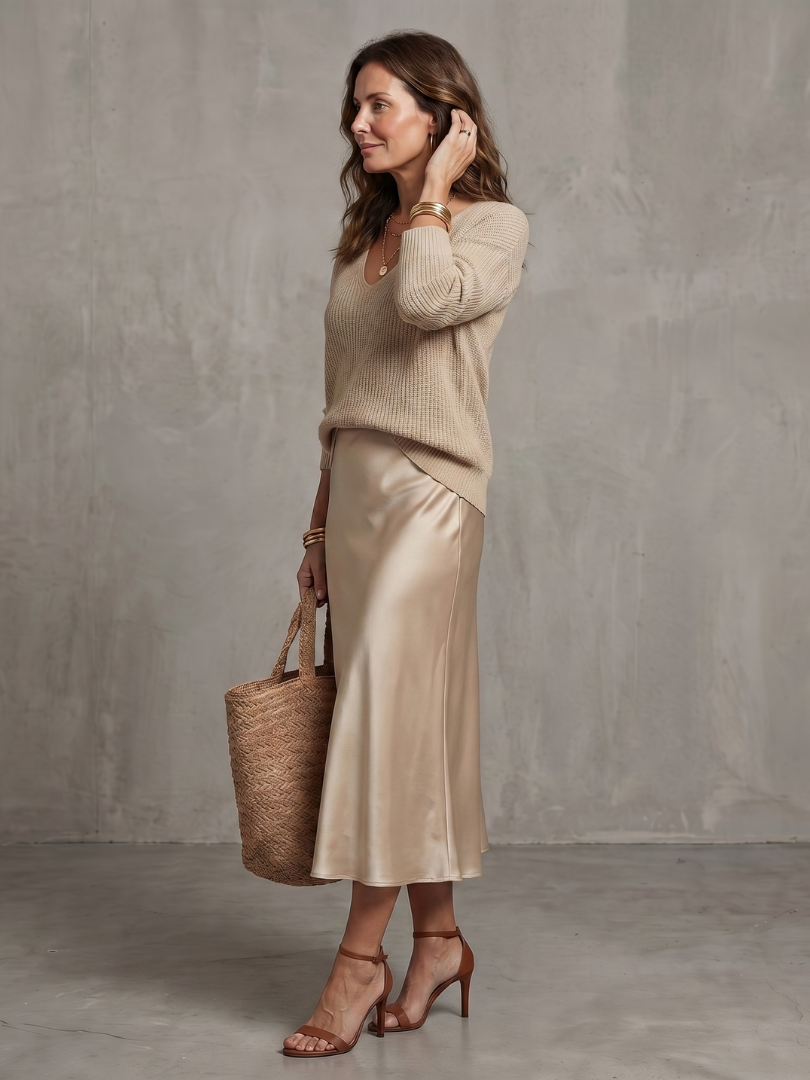 Luciana | Knit Layered Set with Bias Cut Satin Skirt