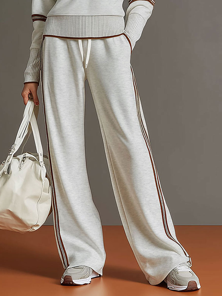 Eva | Retro Sporty Webbing Grey-white Half-zip Sweatshirt And Wide-leg Pants Set