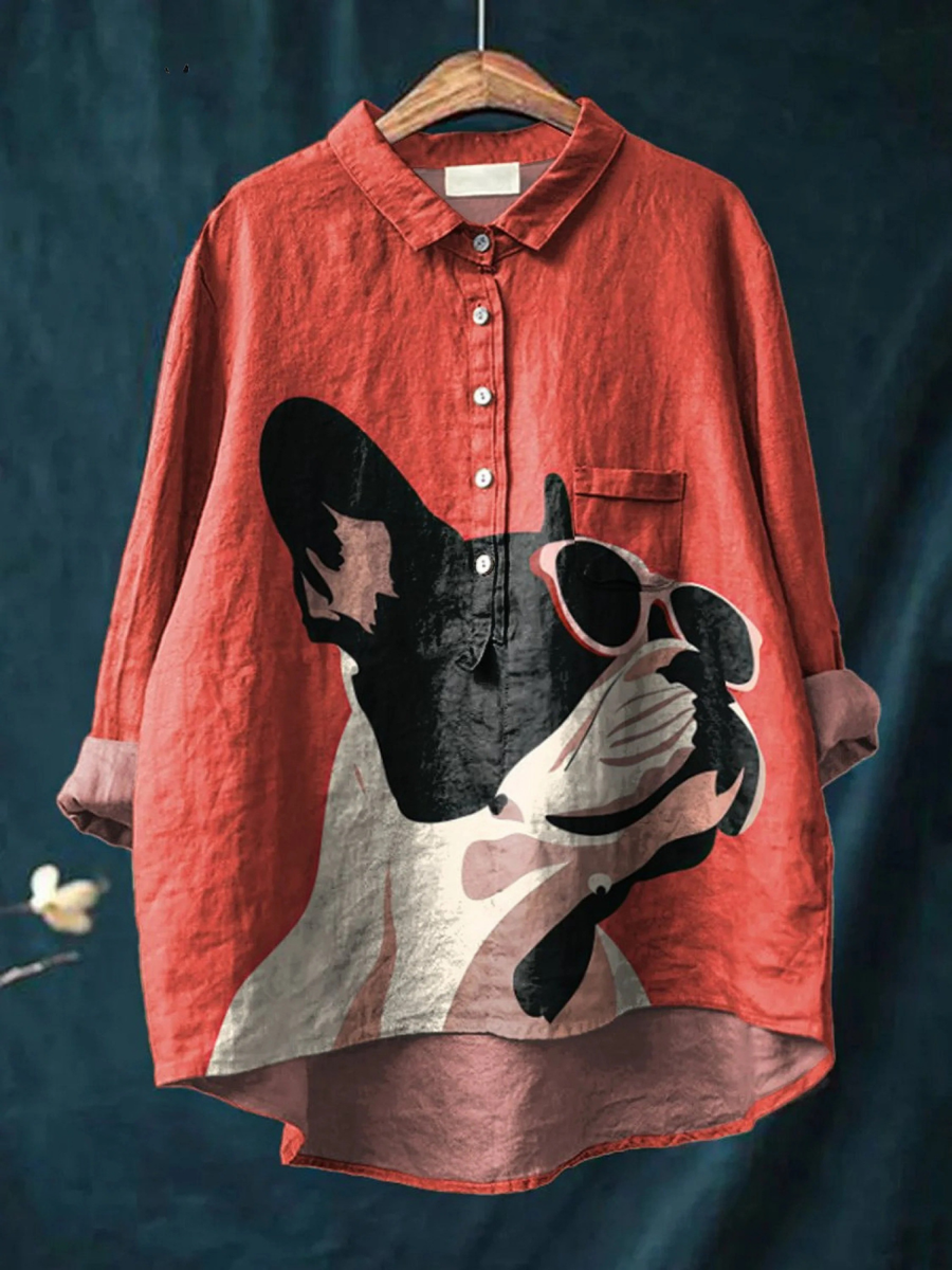Samantha | Casual Shirt Featuring a Decorative Pattern of a Sunglasses-Wearing French Bulldog on a Red Background