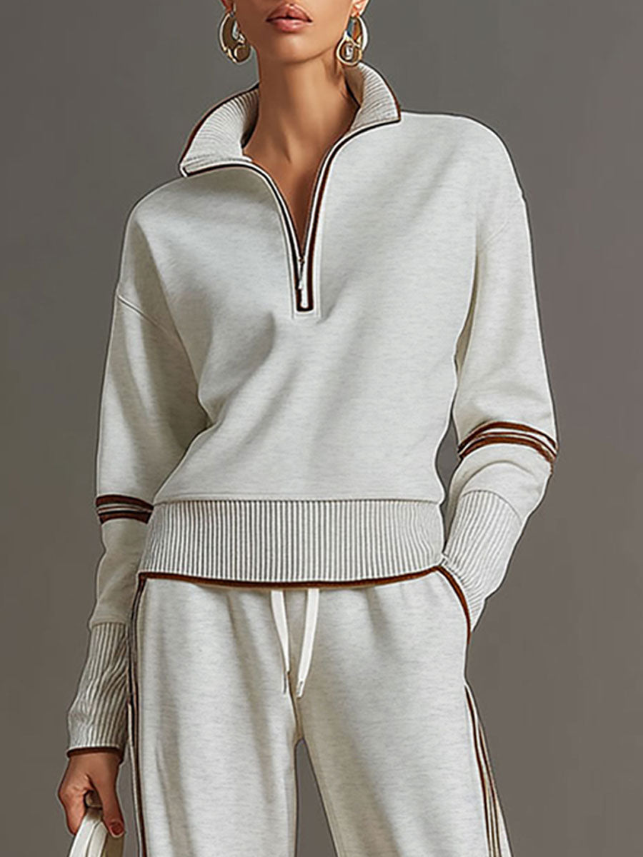 Eva | Retro Sporty Webbing Grey-white Half-zip Sweatshirt And Wide-leg Pants Set