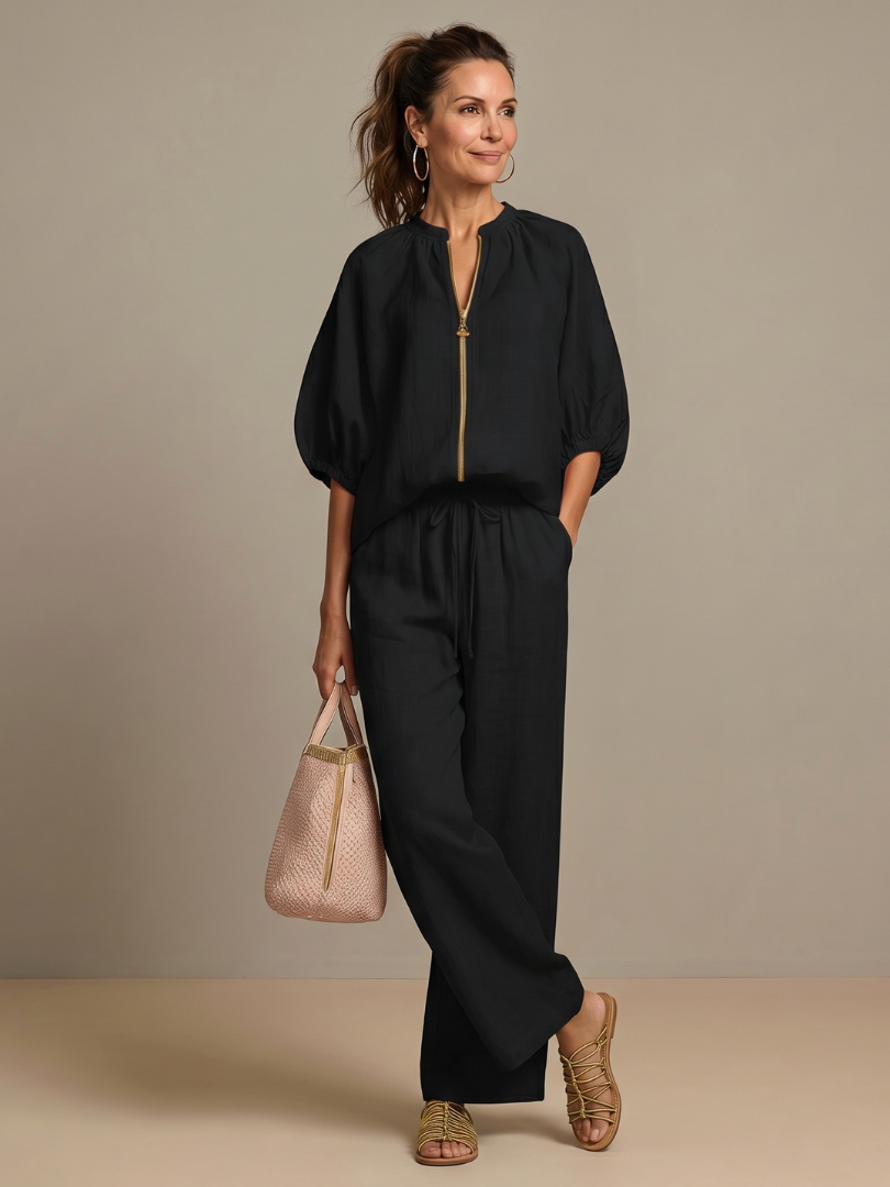 Natalia | Zip-Front Blouson Top & Wide-Leg Pants Set