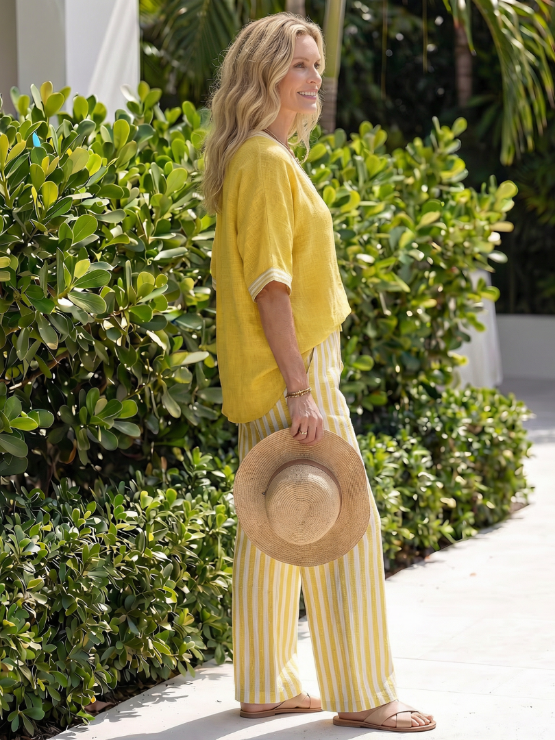 Wren | Striped V-Neck Tunic and Trouser Set with Contrast Details