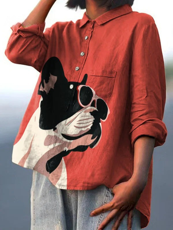 Samantha | Casual Shirt Featuring a Decorative Pattern of a Sunglasses-Wearing French Bulldog on a Red Background