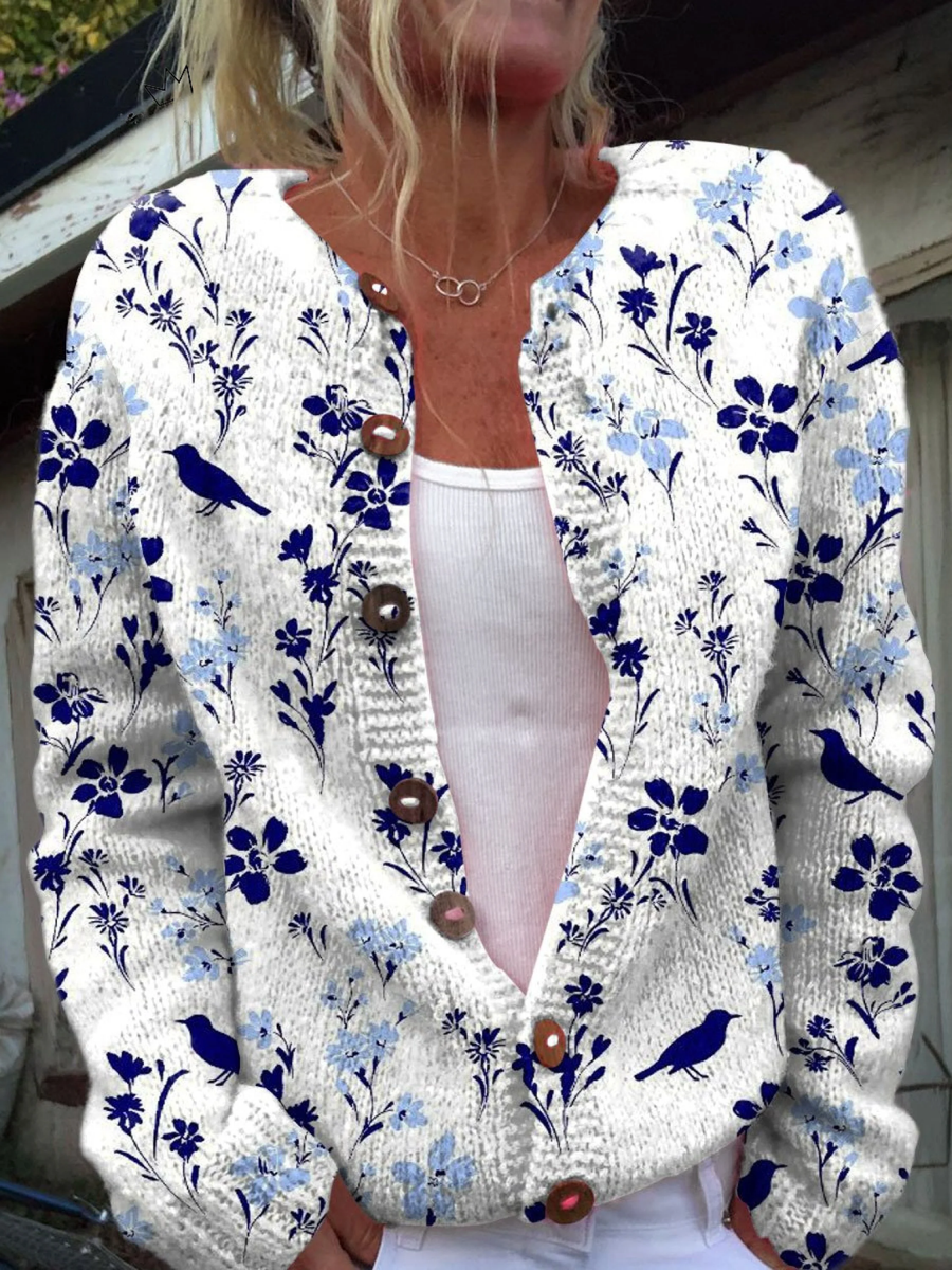 Vynora™ Vintage Floral Bird Print Button-Up Cardigan Sweater