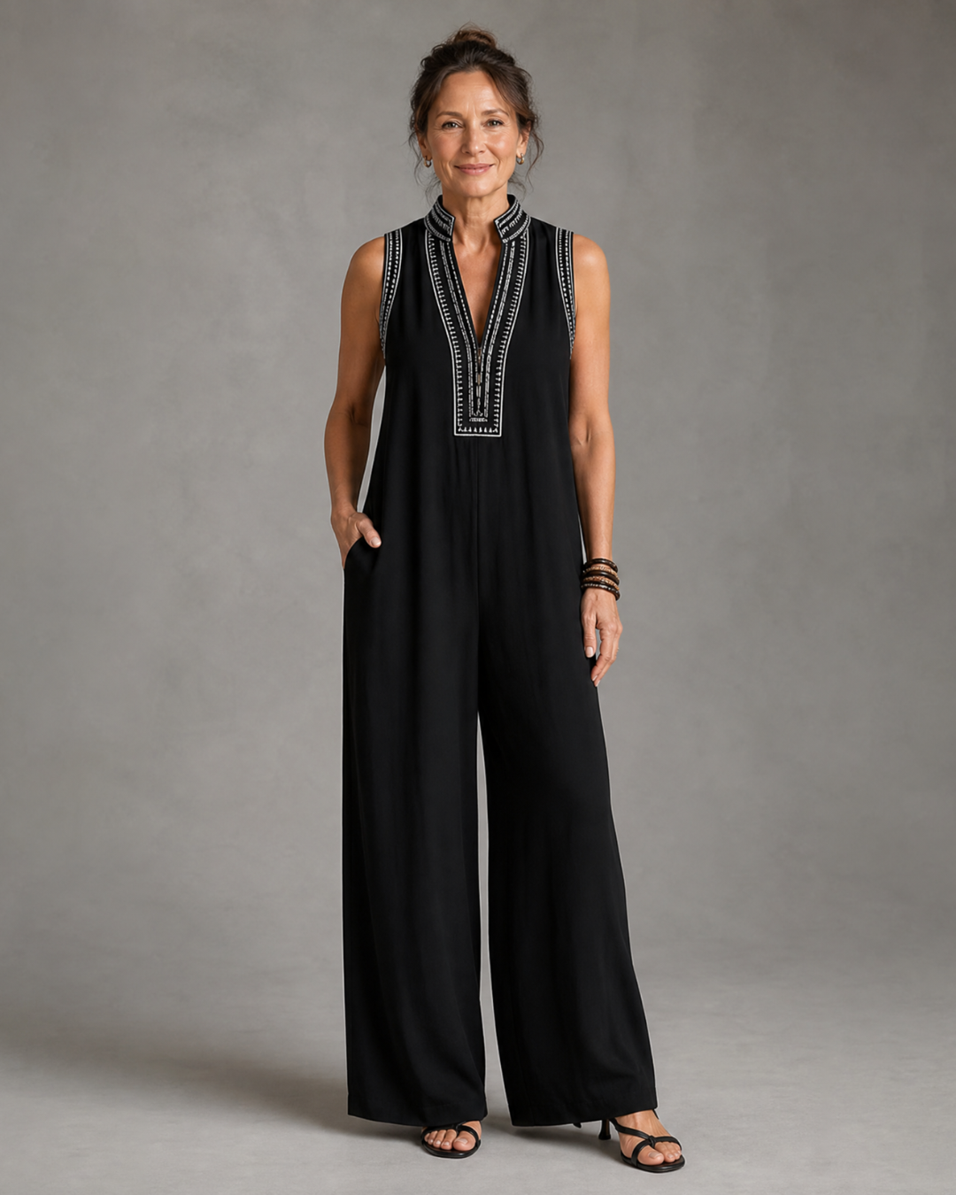 Velmira | Sleeveless Wide Leg Jumpsuit with Embroidered V-Neck