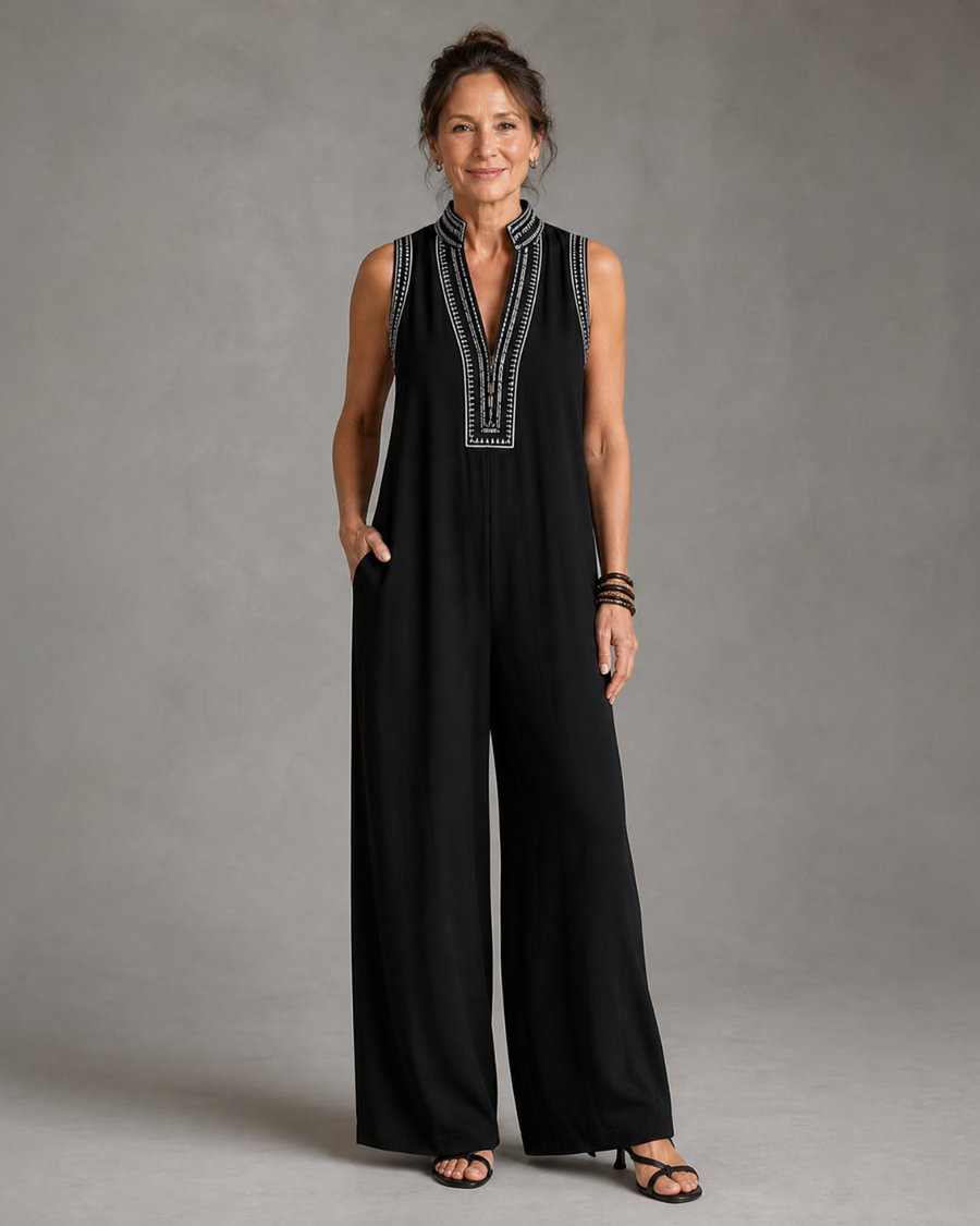 Velmira | Sleeveless Wide Leg Jumpsuit with Embroidered V-Neck