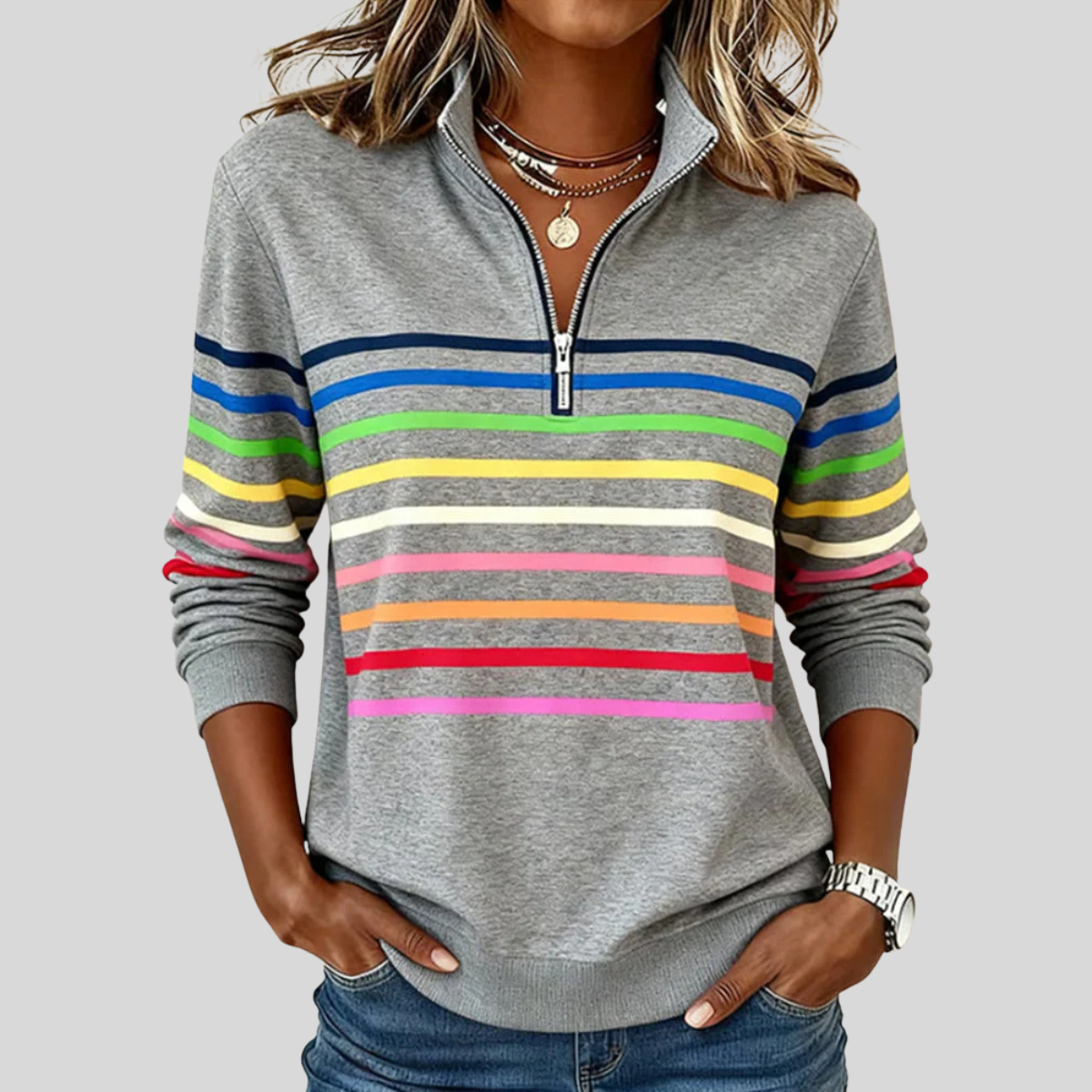 Priscilla|  Colourful Striped Quarter-Zip Sweatshirt