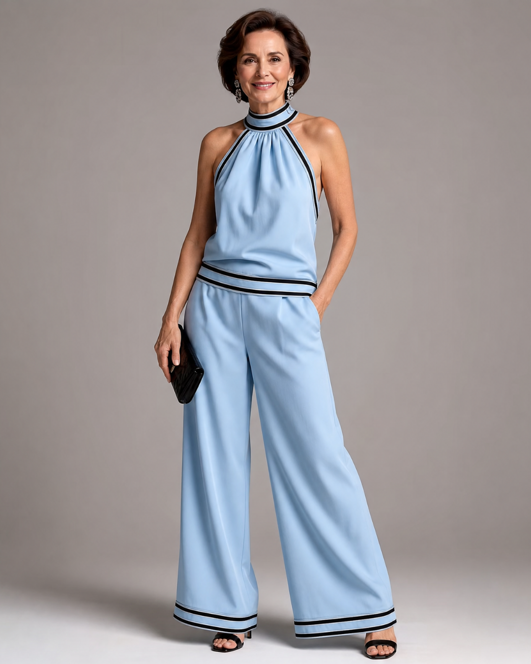 Zephyrine | Halter Neck Wide Leg Jumpsuit with Contrast Trim