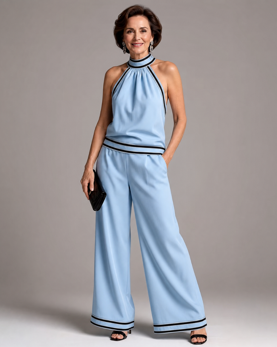 Zephyrine | Halter Neck Wide Leg Jumpsuit with Contrast Trim