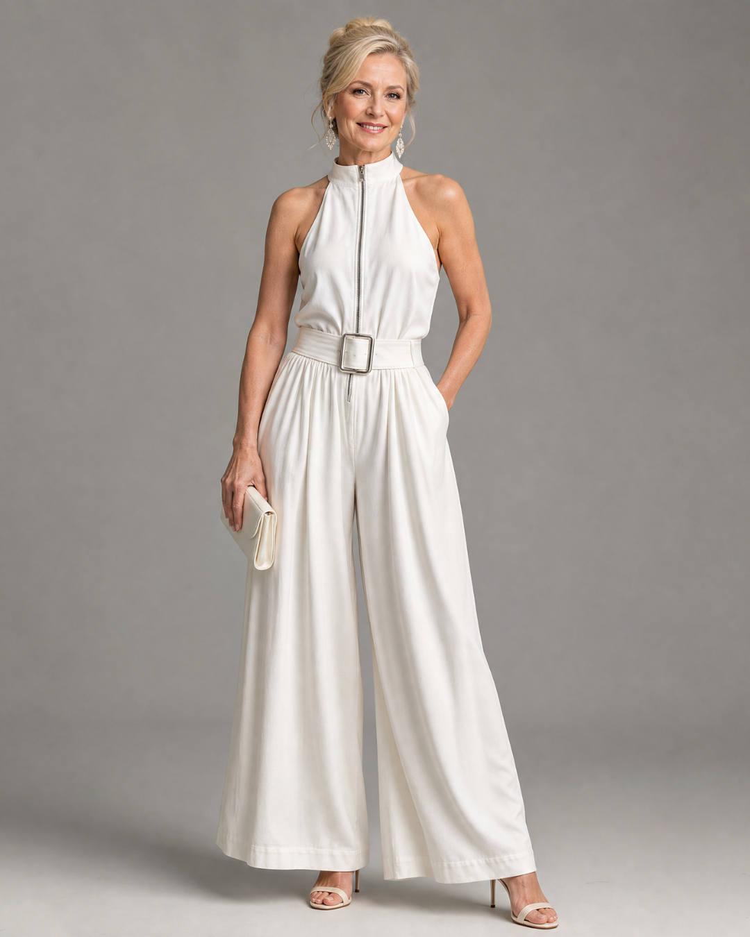 Astrielle | Sleeveless High Neck Wide Leg Jumpsuit with Belt